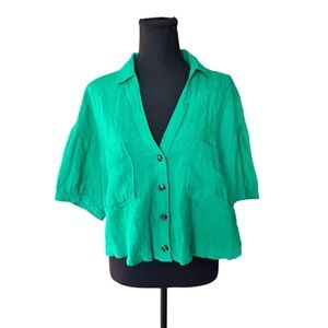 Blue Buttercup Green 100% Linen Button Front Crop Blouse Coastal Summer L X43
